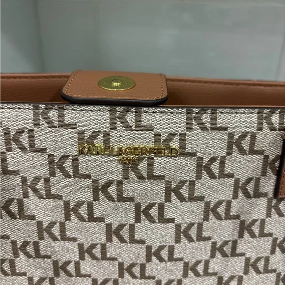 Karl Lagerfeld Paris Monogram Tote Bag Brown Logo Canvas Shoulder Bag w/ Charms - Picture 9 of 12